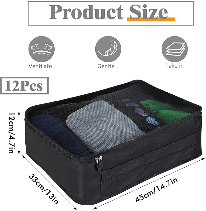 12 Pcs Packing Cubes for Suitcase Travel Luggage Bags Bulk Mesh Organizer Set for Hiking Camping Backpacking Clothes Accessories
