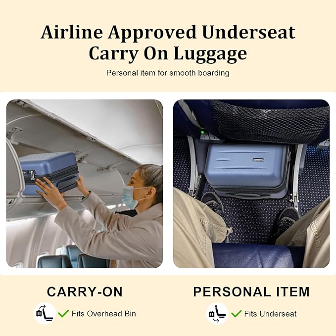 16 Inch Underseat Carry On Luggage Airline Approved, Expandable Lightweight ABS+PC Hard Shell Suitcases with 360° Spinner Wheels, TSA Lock, YKK Zipper, for Business Weekender (Blue, 1 PC)