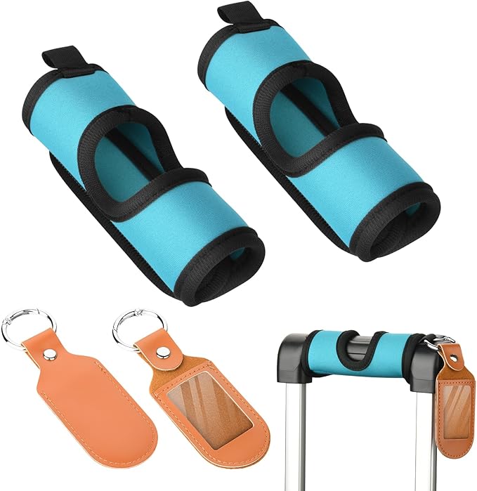 Cosmos 2 Sets Neoprene Luggage Handle Wraps Cover - Hollow Design Baggage Identifier Tags for Telescopic Handle Travel Suitcase Trolley Case, with PU Luggage Tag (Blue)