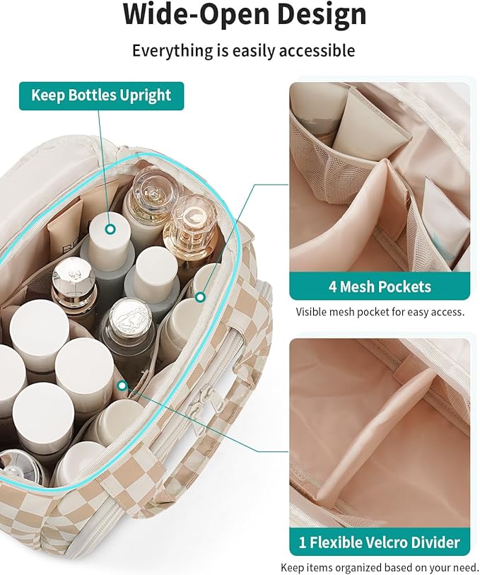 Narwey Checkered Travel Toiletry Bag for Women Large Makeup Bag, Wide-open Cosmetic Make Up Organizer with Handle, Travel Bag for Toiletries, Essentials, Accessories (Light Brown Checkerboard)