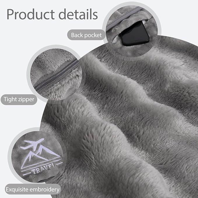 Travel Blanket and Pillow-2-in-1, Ultra-Soft&Compact,Airplane Blanket with Hand Luggage Belt and Backpack Clip,Travelers Accessories Gifts, 61x43 Inches（Gray）