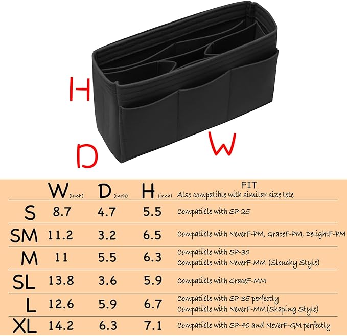 DailyPlus Purse Organizer Insert Felt Bag Organizer Handbag Organizer Insert Bag In Bag Organizer for Tote Purse Bag 14 Pockets Black Slender Large