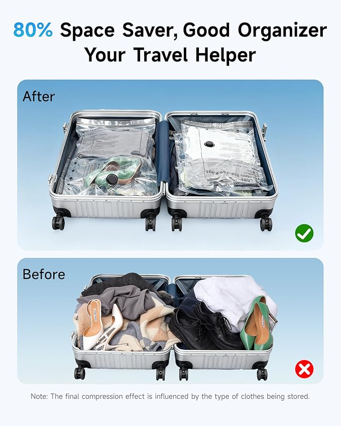 12 Pack Travel Vacuum Bags with Cordless Electric Pump, 4 Sizes Space Saver Vacuum Storage Bags for Luggage and Suitcase,Compression Bags for Packing, Vacuum Seal Bags for Clothing Travel