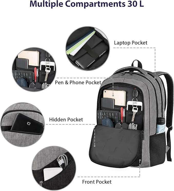 MATEIN 17 Inch Work Backpack for Men Women, Water Resistant Practical Travel Laptop Backpack with Anti Theft Pocket, Casual College Daypack Laptop Compartment TSA Friendly, Grey Black