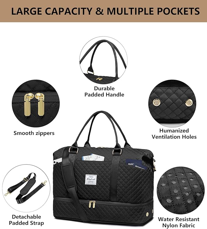 Women Overnight Weekender Bag - 40L Carry On Duffle for Airplanes with Shoe Compartment & Wet Pocket for Yoga Gym Waterproof Travel Tote with Toiletry Bag for Hospital Labor Delivery Black
