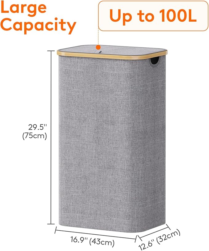 Lifewit 100L Laundry Basket with Lid, Clothes Hampers for Laundry with Bamboo Handles and 1 Removable Bag, Large Foldable Laundry Hamper for Bedroom, Bathroom, Dorm, Laundry Room, Light Gray
