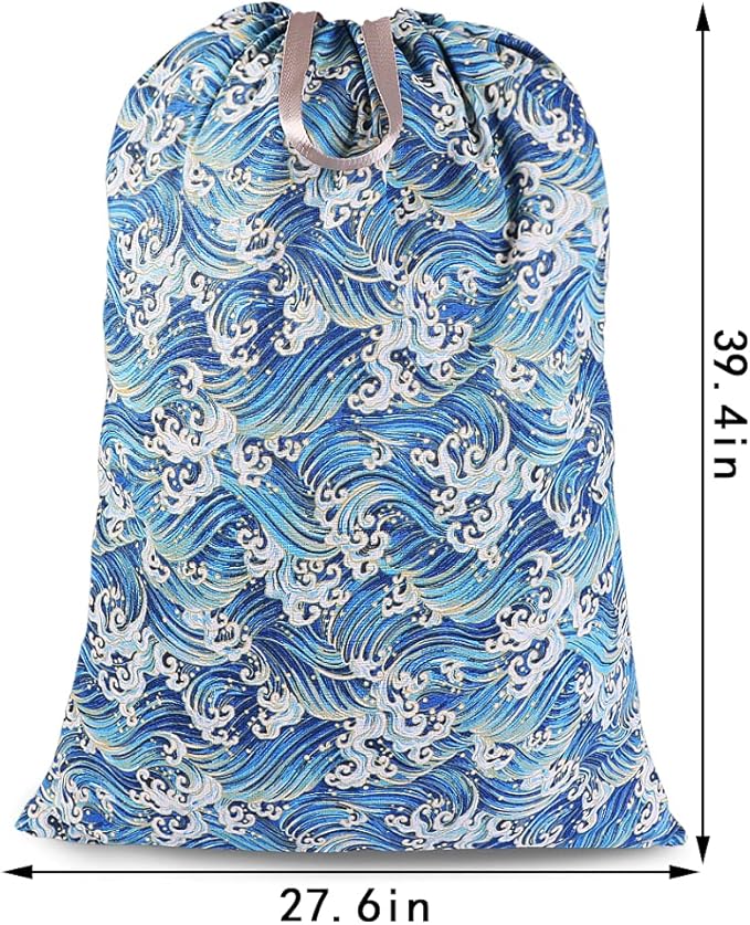 Sanlykate Extra Large Laundry Bag with Drawstring Closure and Handle, 28 x 40 Inch Heavy Duty Travel Dirty Clothes Bag for Laundromat and Household, Blue Wave