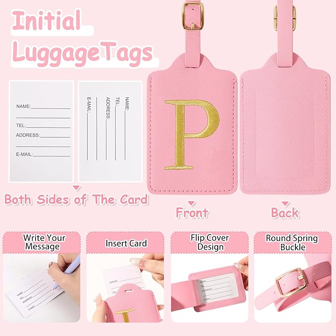 Initial Letter Luggage Tags for Suitcases, Personalized Embroidered Letter Luggage Bag Suitcase Identifier Name Tag, Cute PU Leather Travel Luggage Tags, Bag Tags for Luggage Handbags(Pink P)