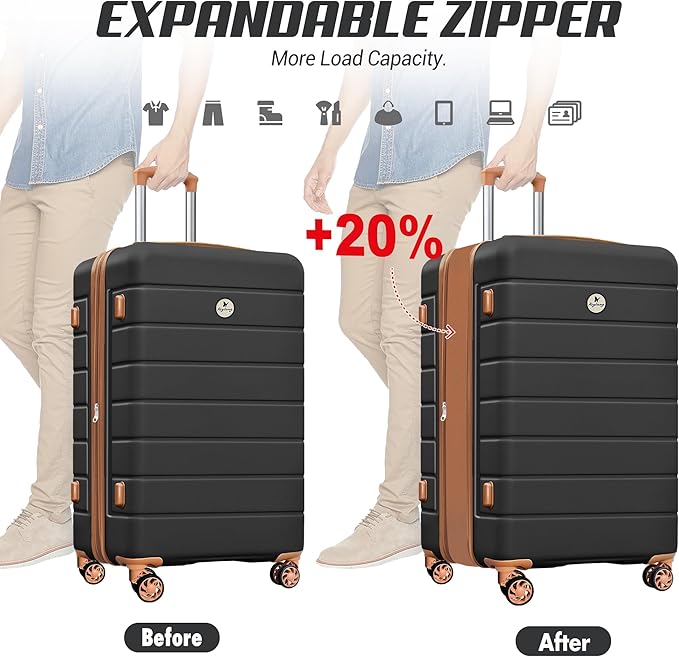 Classic 3-Piece Luggage Set with TSA Lock, Lightweight Suitcase with Spinner Wheels, Hardshell Expandable Carry-On Luggage, 20/24/28 inch, Apricot Black