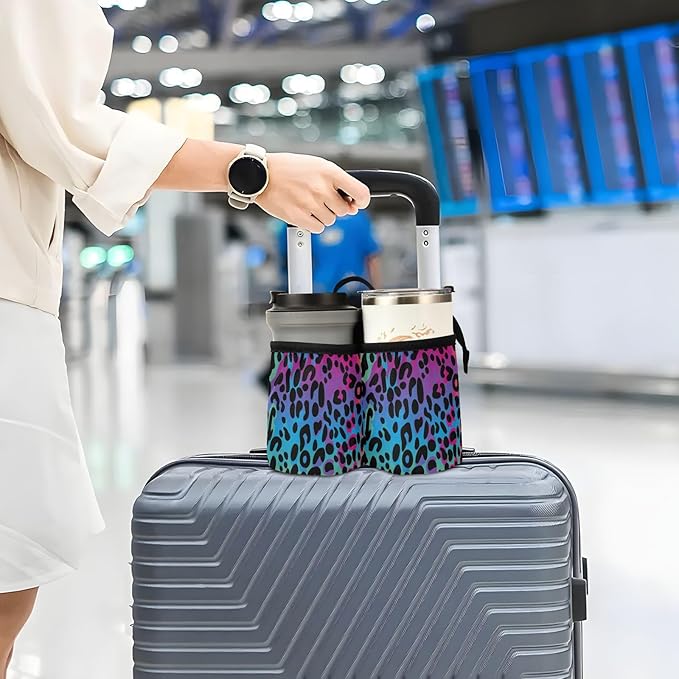 Luggage Cup Holder for Suitcases Free Hands Travel Cup Holder Portable Suitcase Cup Drink Holder Luggage Cup Caddy Bag Carrier Rainbow Leopard Print