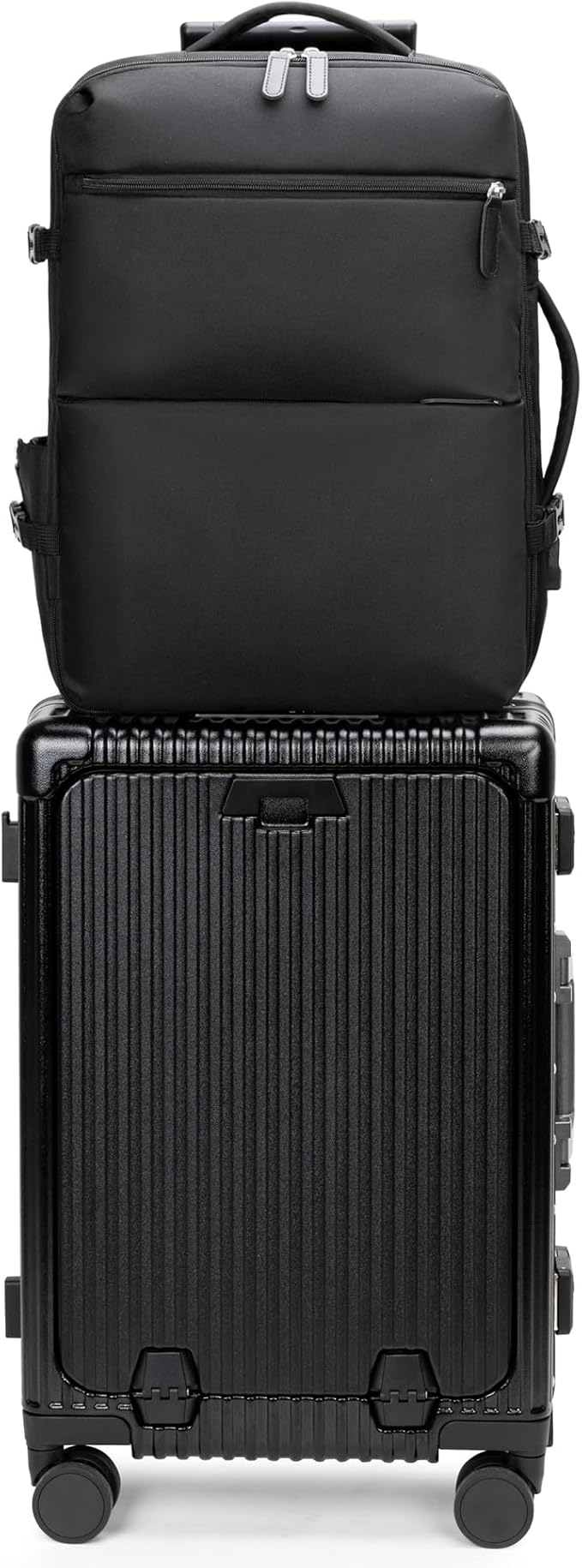 feilario 2 Piece Set Aluminium Frame PC Hard Shell Spinner Wheels Luggage,22.5"X15"X9.5" Airline Approved Built-In TSA lock Carry on Suitcase, with Cup Holder, USB Port, Phone Holder