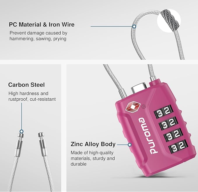 Puroma TSA Approved Luggage Lock, Multicolor 4 Digit Combination Travel Cable Locks Resettable Code Lock with Zinc Alloy Body for Suitcase, Backpack, Bag, Gym Locker (Black,Blue,Silver,Red-Violet)
