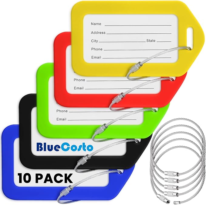 BlueCosto - Luggage Tags - Multicolored, 10 Pack - Suitcase Tags with Name ID Card & Heavy-Duty Metal Wire Loops - Bright Colored PVC Identifiers for Travel Baggage - Backpack Name Labels