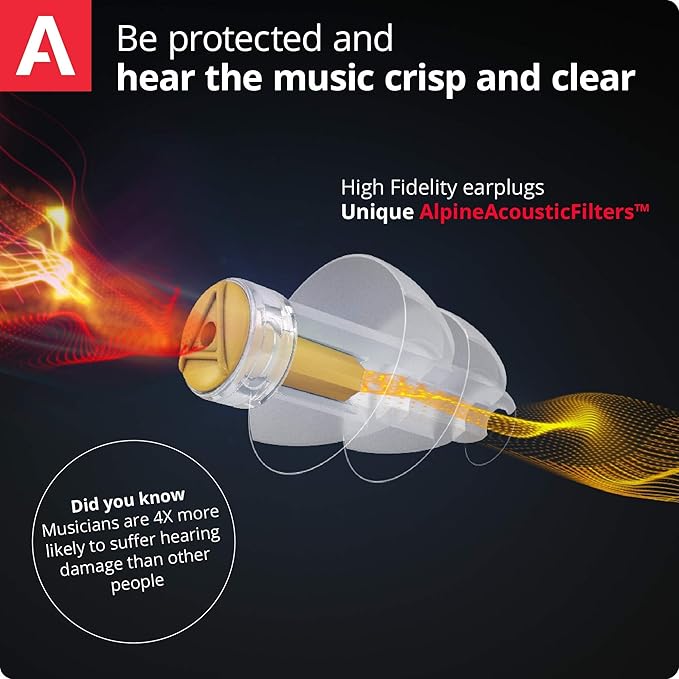 Alpine MusicSafe - High Fidelity Earplugs for Musicians - 2 Interchangeable Filter Sets: 19 & 22 dB - Professional Musician Hearing Protection - Transparent