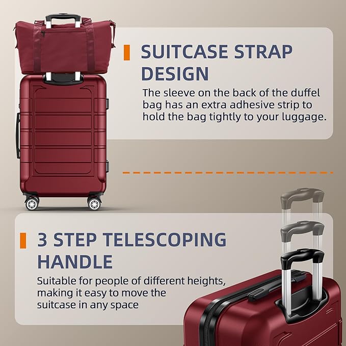 SHOWKOO Luggage Sets with Duffle Bag Expandable 100% PC Durable Suitcase Double Wheels TSA Lock 5pcs Wine Red