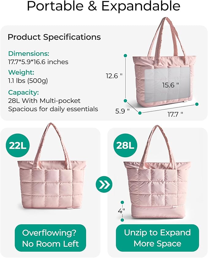 BAGSMART Expandable Tote Bag for Women, Puffer Work Tote Handbag, Quilted Carry On Bag for Travel Gym