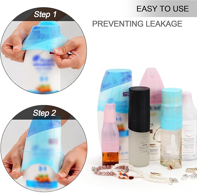 Travel Hanging Toiletry Bag for Women, Large Makeup Bag 8 Leak Proofing Silicone Bottle Covers, Waterproof Cosmetic Bag with Jewelry Organizer Compartment, Toiletries Kit Set, Black