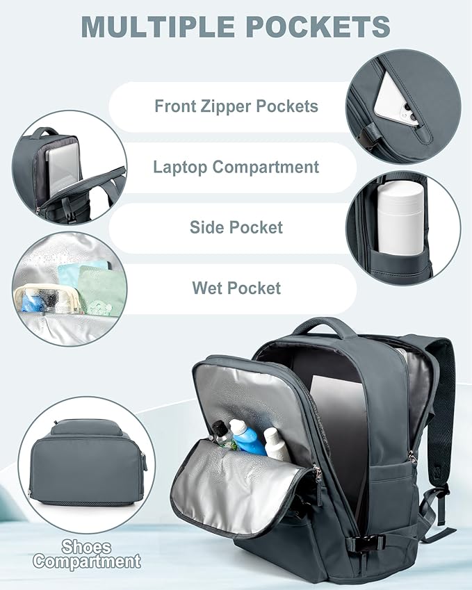 VECAVE Travel Backpack for Women, Airline Flight Approved Carry On Backpacks Waterproof 14 Inch Laptop Backpack with Shoe Compartment Casual Daypack GreyBlue