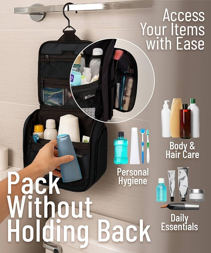 D&D Wanderlust D&D Hanging Travel Toiletry Bag for Men and Women – Cosmetics, Makeup and Toiletries Organizer Kit with 10 Compartments