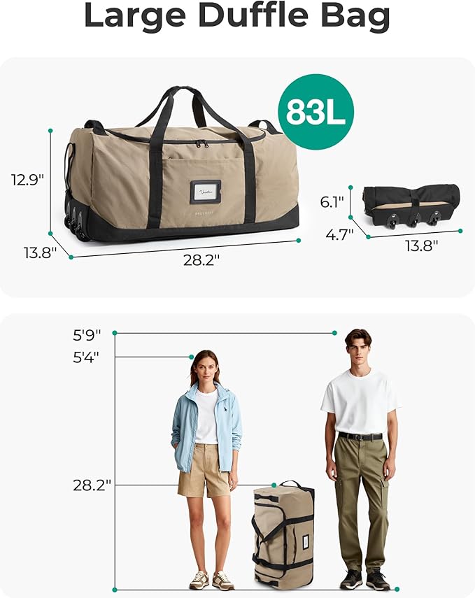 BAGSMART 83L Foldable Travel Bag, Large Duffle Bag for Travel, Weekender Duffel Luggage Bag for Sport College Camping, Water Resistant, Brown