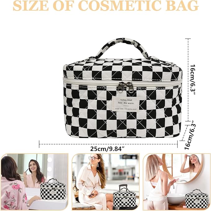 Large Makeup Bag, Cute Cosmetic Bag for Women Girls, Floral Coquette Aesthetic Toiletry Bag, Travel Make Up Organizer Bag (Black Checkered)