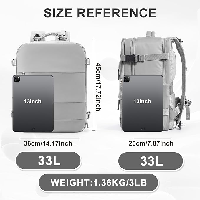 coowoz Large Travel Backpack Carry On for Women Man Gym Backpacks with Laptop Compartment Mochila de Viaje Teacher Personal Item Backpack Rucksack Airplane Accessories Must Haves Grey