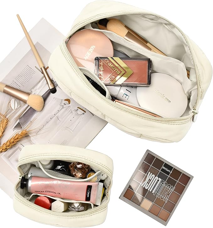 oscaurt 2 Pcs Makeup Bag Travel Toiletry Bag for Women Puffy Padded Cosmetic Pouch Purse Wide-open Makeup Organizer Case Travel Essentials