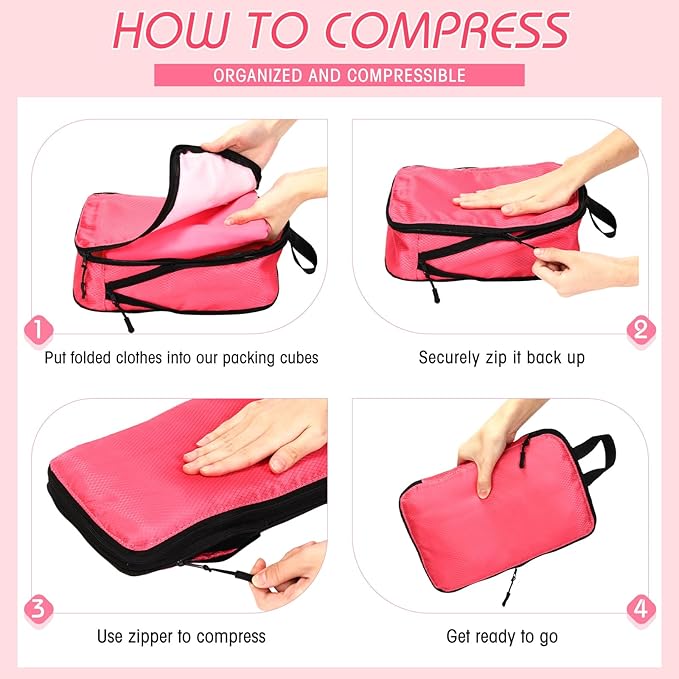 5 Pack Compression Packing Cubes for Travel Space Saving Cubes Luggage Organizer for Suitcase(Pink,S)
