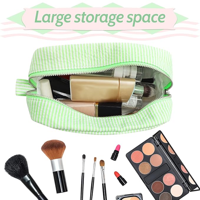 GFU Cosmetic Bags for Women, Seersucker Cosmetic Bag, Travel Toiletry Stripe Makeup Bag, Large Women Aesthetic Organizer Storage Pouch, Girls Handbags Purses, Green