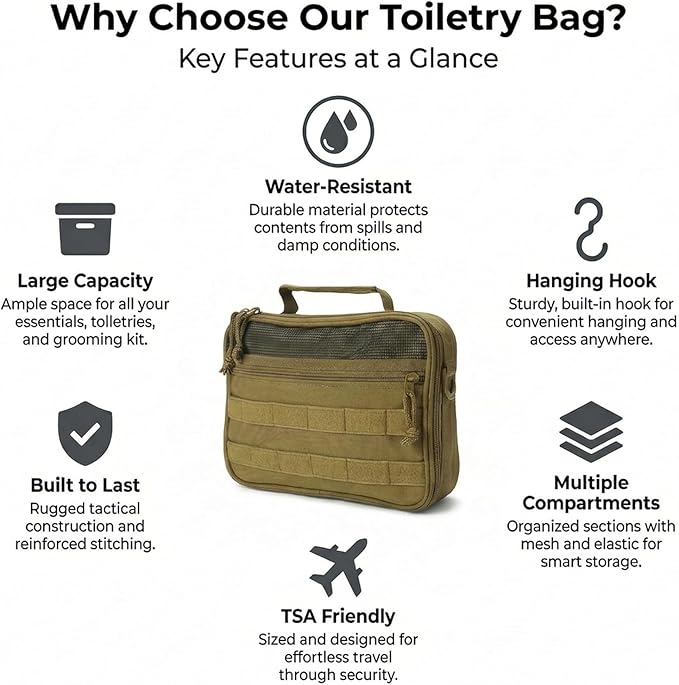 Mens Toiletry Travel Bag, Tactical Toiletry Bag for Men, Bathroom Hanging Travel Toiletry Bag for Men Shaving Hygiene Bag Travel Toiletry Organizer Short Trips Bag, Brown