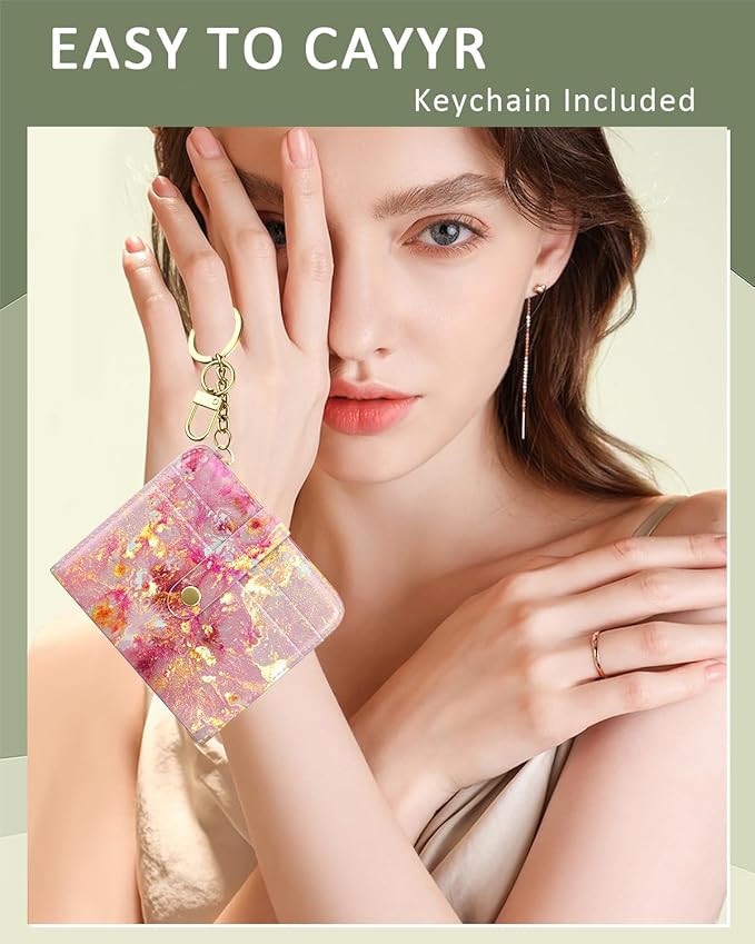 Aiawoxc Womens Wallet, RFID Small Wallets for Women, Slim Compact Credit Card Holder, Cute Leather Bifold Ladies Purse with Zipper Coin Pocket and ID Window, Gold Pink Marble