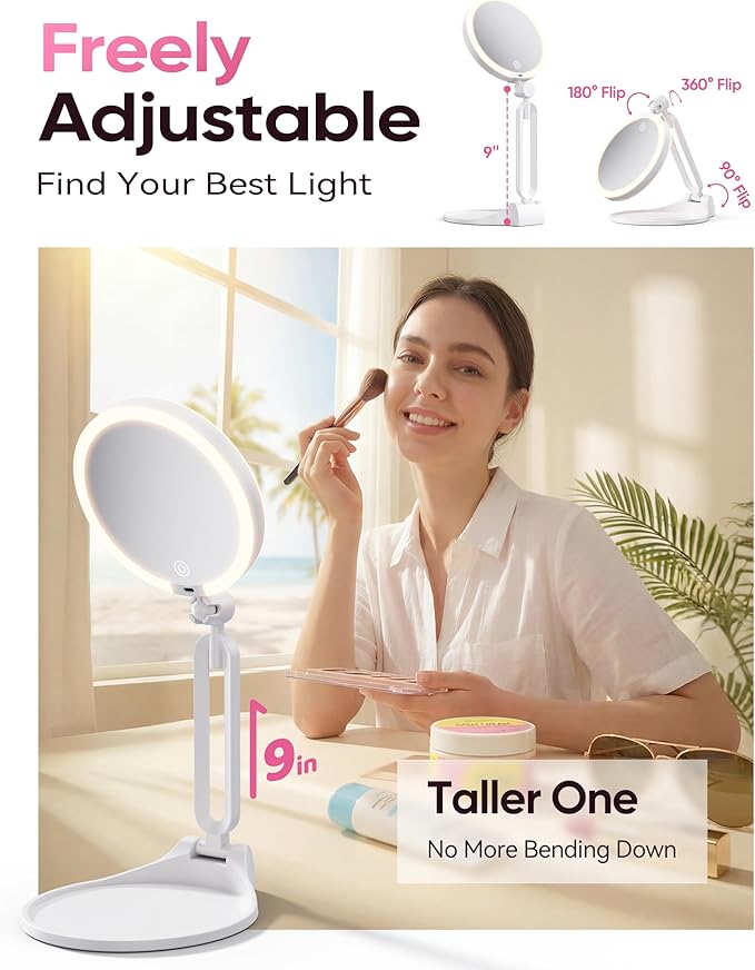 Travel Makeup Mirror with Lights 2026 New, 1X/30X Magnification Double Sided Lighted Mirror, 3 Color Lighting & Stepless Dimming, 2000mAh Foldable Portable Mirror for Desk & Travel