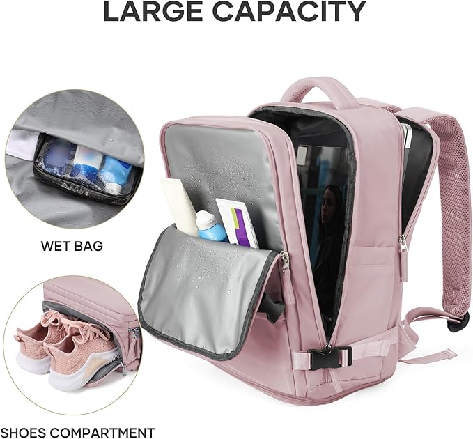 coowoz Large Travel Backpack For Women Men,Carry On Backpack Flight Approved,Hiking Backpack Waterproof Outdoor Rucksack Casual Daypack Fit 15.6 Inch Laptop Shoes Compartment (Pink Purple-L)