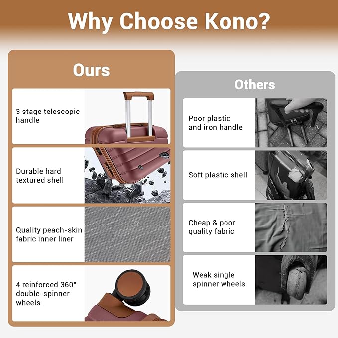 Kono Expandable 24 Inch Luggage with Spinner Wheels, Medium Checked Luggage with Lock, Lightweight & Anti-Scratch PC+ABS Hardshell Travel Suitcase, Burgundy/Brown
