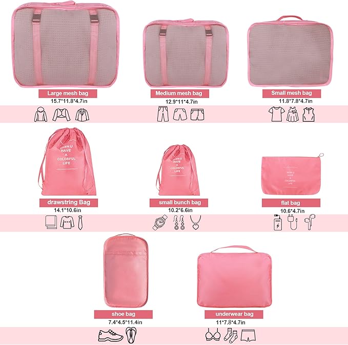 8 Set Packing Cubes for Suitcases, kingdalux Travel Luggage Packing Organizers with Laundry Bag, Compression Storage Shoe Bag, Clothing Underwear Bags, for Women & Man
