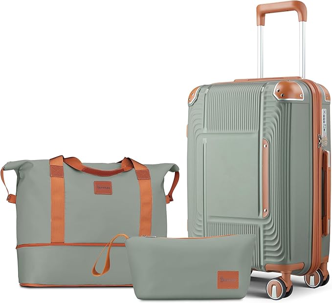 5 Piece Luggage Sets PP Hardshell with Duffel & Toiletry Bag, Carry-on Suitcase Set (20/24/28) with Detachable Spinner Wheels, YKK Zippers & Corner Guards, Lightweight TSA Lock (Sage Green)