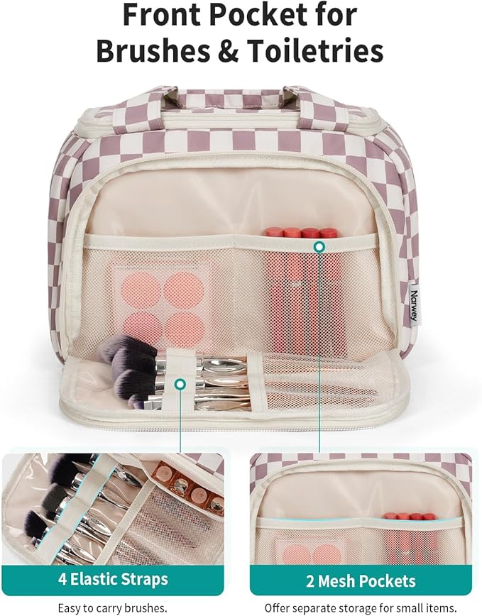 Narwey Checkered Travel Toiletry Bag for Women Large Makeup Bag, Wide-open Cosmetic Make Up Organizer with Handle, Travel Bag for Toiletries, Essentials, Accessories (Dusty Pink Checkerboard)
