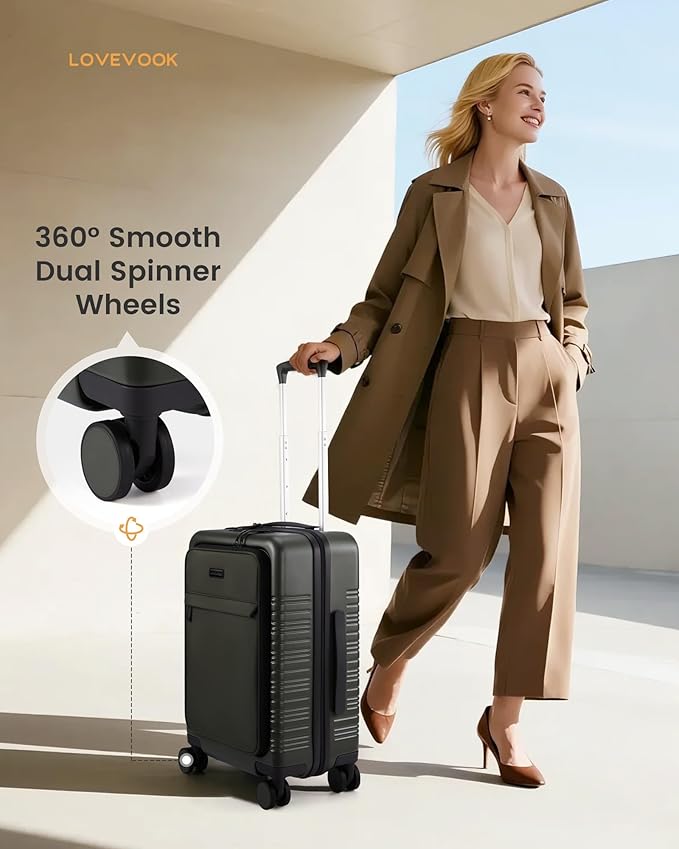 LOVEVOOK Carry On Luggage 22x14x9 Airline Approved with Detachable Pouch, 21 Inch Hardside Suitcases with Spinner Wheels, Lightweight Carry-on Luggage with TSA Lock for Women Men, 2PCS, Army Green