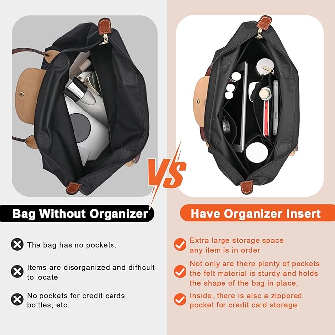 LOUKAYCCI Felt Purse Organizer Insert for Longchamp Le Pliage L Handbag Insert (Large, Black)