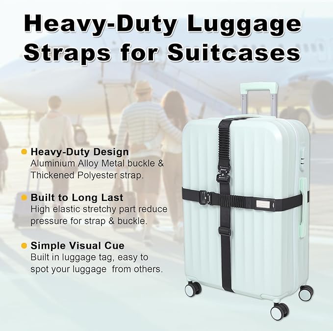 Vigorport Luggage Straps for Suitcases TSA Approved Suitcase Belt, Heavy Duty Metal Buckle Luggage Belt Strap, Stretchable Travel Strap for Luggage 72" Long (2PK)