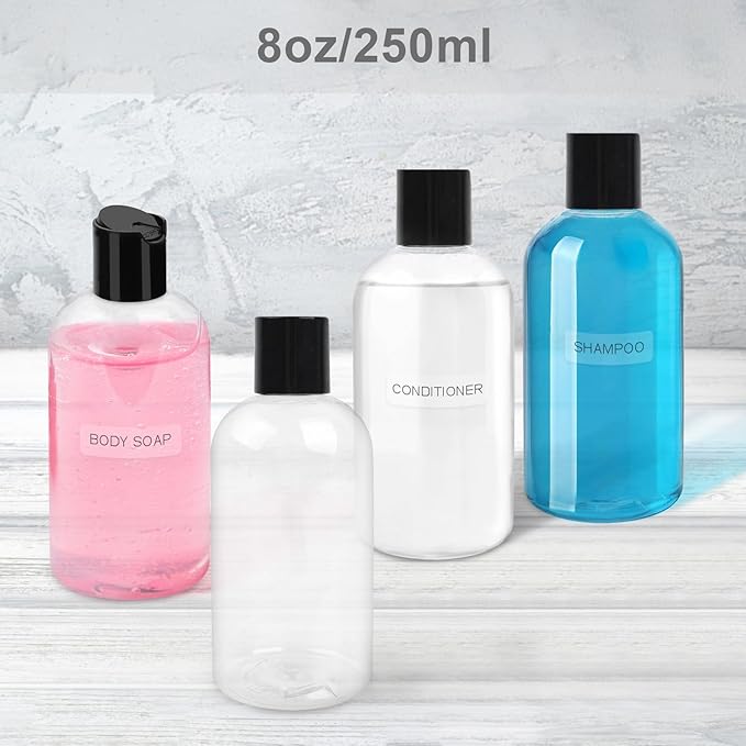 6 Pack 8 oz Empty Plastic Bottles with Black Disc Caps Reusable Clear Leak-Proof Travel Squeeze Containers for Shampoo Conditioner Toiletries Liquid Soap