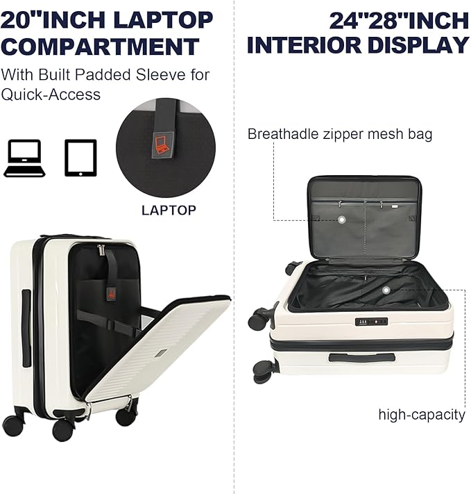 Merax Luggage Sets 3 Piece,Front Open PC Hardshell Expandable Carry on Suitcase with Spinner Wheels and TSA Lock,Lightweight 20in/24in/28in Luggage,Creamy White