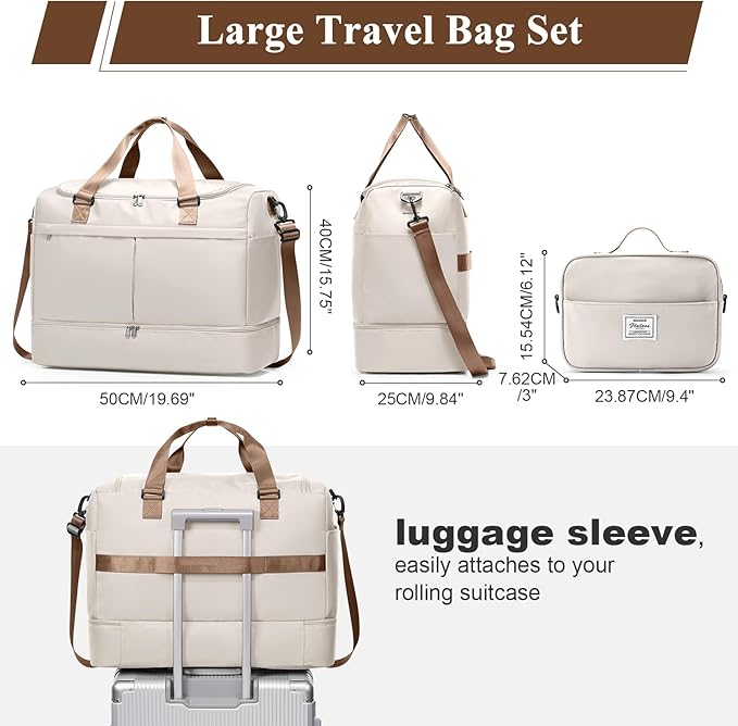 Large Travel Duffel Bag,Weekender Bag for Women with Shoe Compartment & Toiletry Bag, Overnight Carry on Bag for Travel, Gym, Hospital, Business,Beige & Brown