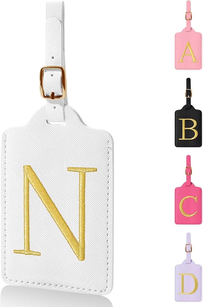 Personalized Initial Luggage Tags for Suitcases,Leather Letter Cute Luggage Tags with Privacy Name Card,Embroidered Monogrammed Travel Bag Backpack Tag Gifts for Women Kids Girls Teens(White-N)