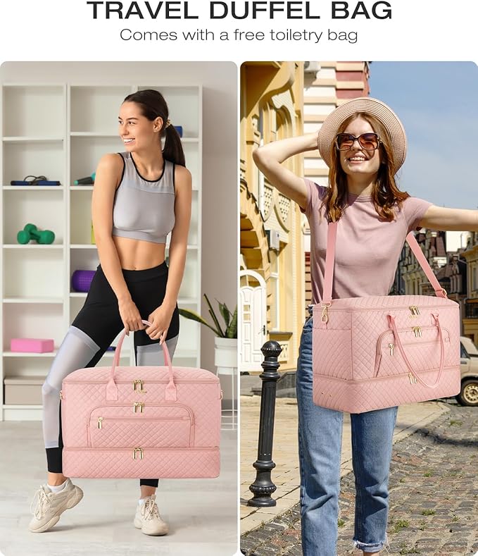 Travel Duffle Bag, Wide Open Large Weekender Bag for Women with Shoe Compartment, Carry on Overnight Bags with Toiletry Bag, Hospital Bag for Women Labor Delivery with Wet Pocket (Pink)