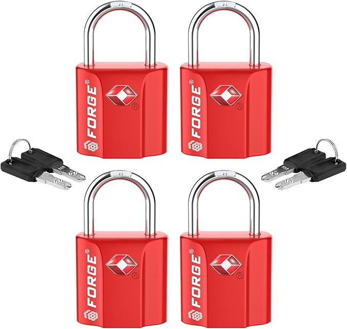 Forge Small TSA Approved Luggage Locks: Ultra Secure Dimple Key Travel Locks Alloy Body, for Luggage, Travel Cases, Backpacks, Red 4 Pack.