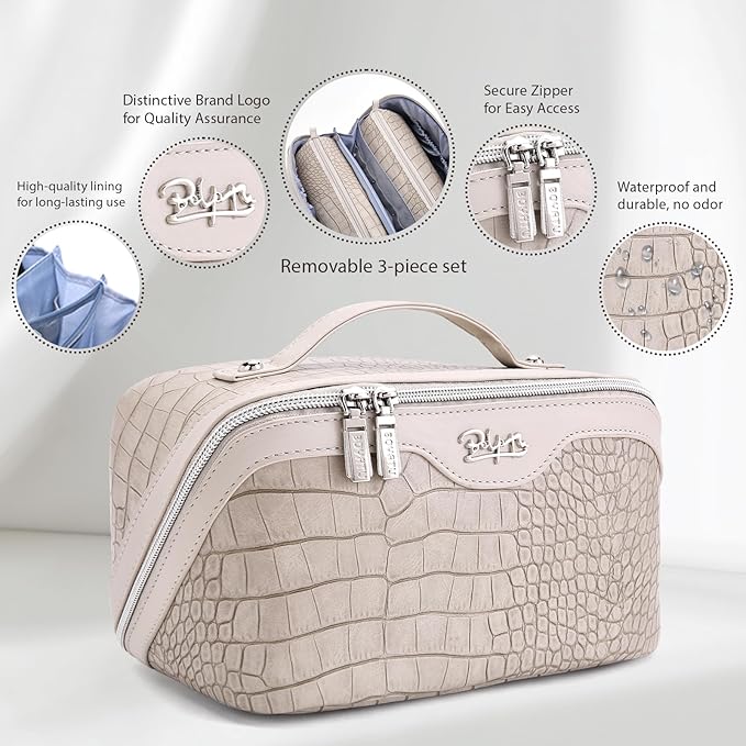 BOYATU Travel Makeup Bag Cosmetic Bags for Women: 3 Pcs Set Large Capacity Make up Bag with Handle - Crocodile Pattern Vegan Leather Toiletry Bags Travel Essentials with Compartments(E-5-Apricot)