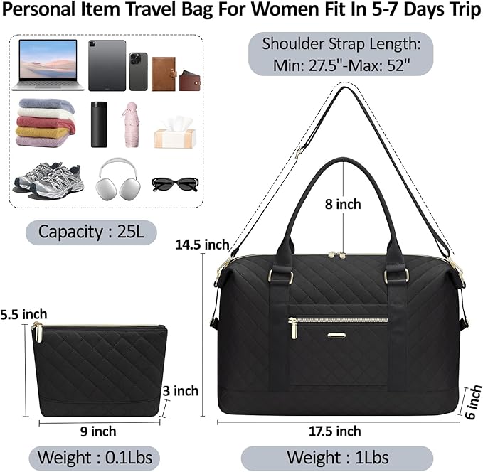 Quilted Travel Duffle Bag for Travel Women with Toiletry Bag, Large Weekender Bags for Women Carry on Duffel Overnight Bag, Waterproof Travel Tote Bags for Sports, Weekender, Business, Black
