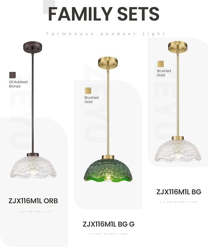 zeyu 10.4 Inch Green Glass Pendant Lightings, Brushed Gold 1 Light Island Light Fixtures, Hanging Lamps 2 Pack with Green Hammered Glass, ZJX116M1L-2PK BG G