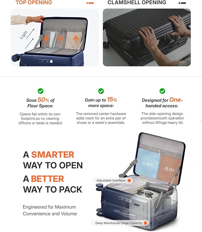 20IN Carry On Luggage,Top Opening Aluminum Frame Hardside 100% PC Airline Approved Suitcase -with TSA Lock,Cup Holder,USB Charge,Side Pothook, 360°Spinner Wheels-Navy Blue